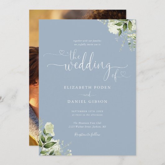 Stofblauwe Hart Script Loof Foto Bruiloft Kaart (Voorkant / Achterkant)