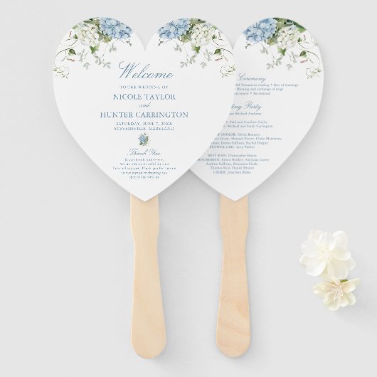 Stofblauwe Hortensia Huwelijksceremonie Programma Handwaaier (Voorkant en achterkant)