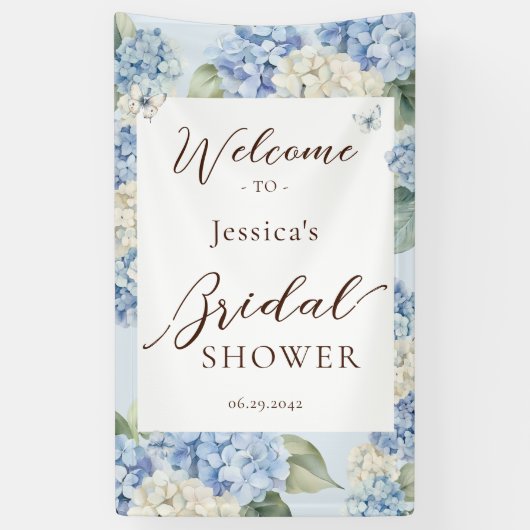 Stofblauwe Hortensia Waterverf Bruiloftsborrel Spandoek (Verticaal)