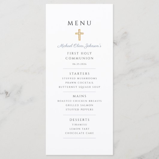 Stofblauwe Jongen Eerste Communie Menu (Voorkant)