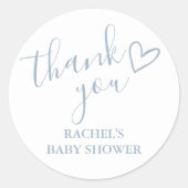 Stofblauwe jongens baby shower script hart bedankt ronde sticker (Voorkant)