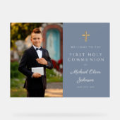 Stofblauwe Jongensfoto Eerste Communie Welkom Acryl Bord (Voorkant)