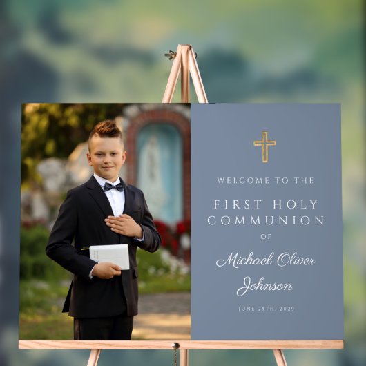 Stofblauwe Jongensfoto Eerste Communie Welkom Acryl Bord (Neutraal)