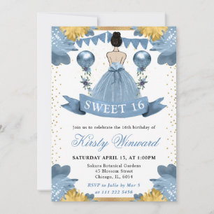 Stofblauwe jurk Bruin haar Prinses Sweet 16 Kaart
