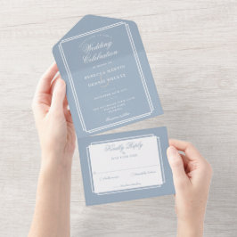 Stofblauwe Klassieke Deco Monogram Trouw All In One Uitnodiging