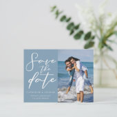 Stofblauwe koppel foto kust Save the Date Aankondigingskaart (Staand voorkant)
