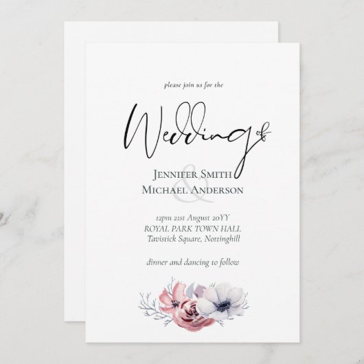 Stofblauwe Koraal Bloemige Trouw Uitnodigingen Bud (Voorkant / Achterkant)