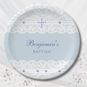 Stofblauwe kruis doop Christelijke doop Papieren Bordje