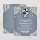 Stofblauwe landelijke witte kanten muurvaas bruilo informatiekaartje (Voorkant / Achterkant)