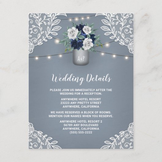 Stofblauwe landelijke witte kanten muurvaas bruilo informatiekaartje (Voorkant)