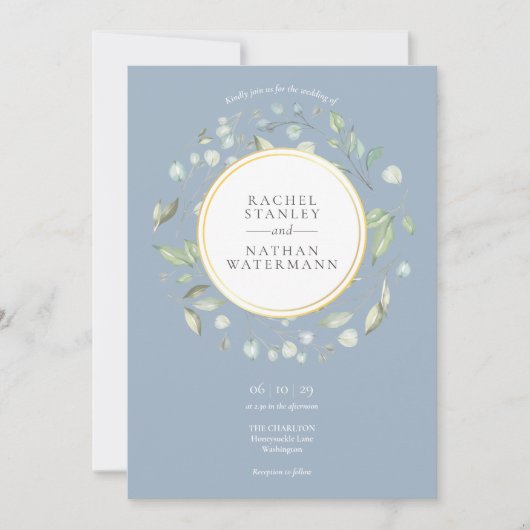 Stofblauwe laurierkrans groen wedding kaart (Voorkant)