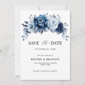 Stofblauwe Leisteen Marine Bloemige Botanische Tro Save The Date (Voorkant)