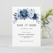 Stofblauwe Leisteen Navy Bloemige Botanische Trouw Save The Date (Staand voorkant)