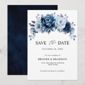 Stofblauwe Leisteen Navy Bloemige Botanische Trouw Save The Date (Voorkant / Achterkant)