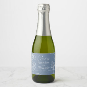 Stofblauwe lelie mini champagnefles label stickers