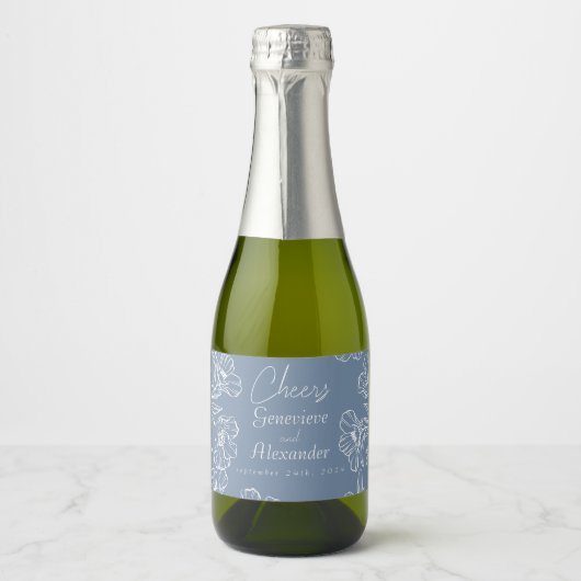 Stofblauwe lelie mini champagnefles label stickers (Voorkant)