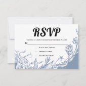 Stofblauwe lijn kunst bloemen typografie bloemig RSVP kaartje (Voorkant)
