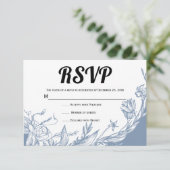 Stofblauwe lijn kunst bloemen typografie bloemig RSVP kaartje (Staand voorkant)