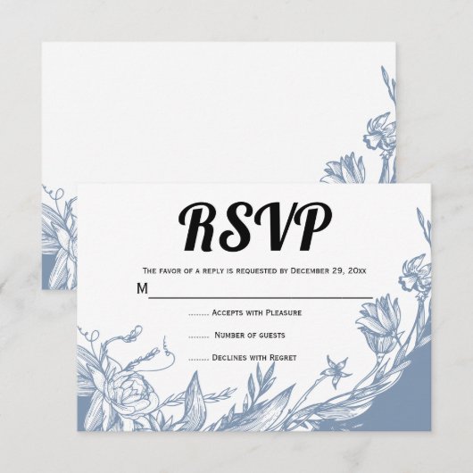 Stofblauwe lijn kunst bloemen typografie bloemig RSVP kaartje (Voorkant / Achterkant)