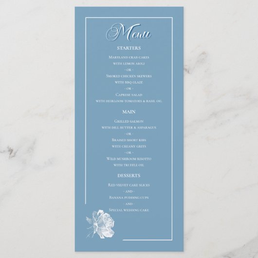 Stofblauwe Lijn Kunst Roze Eetservies Bruiloft Menu (Voorkant)