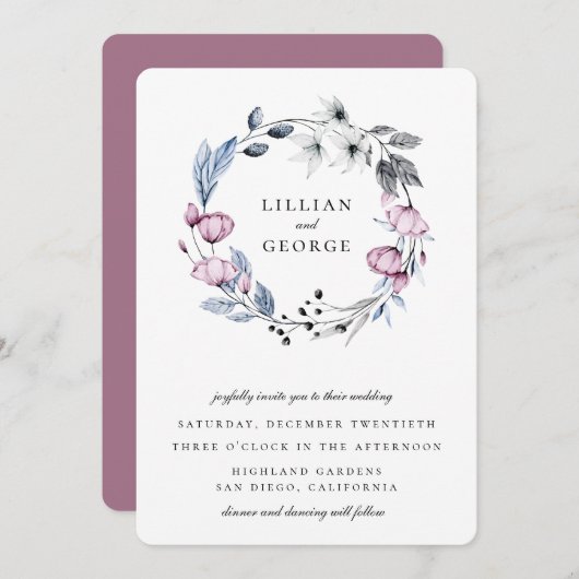 Stofblauwe mauve bloemenkrans bruiloft kaart (Voorkant / Achterkant)