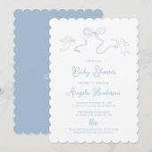 Stofblauwe met de hand getekende babyshower uitnod kaart (Voorkant / Achterkant)