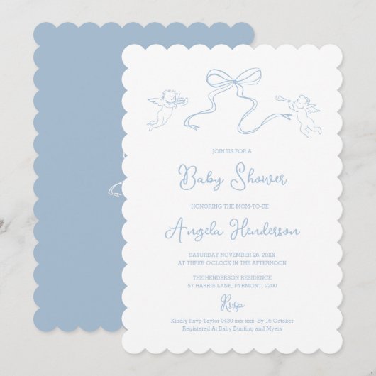 Stofblauwe met de hand getekende babyshower uitnod kaart (Voorkant / Achterkant)
