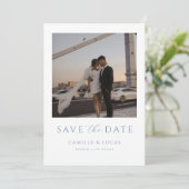 Stofblauwe minimale save the date uitnodiging (Staand voorkant)