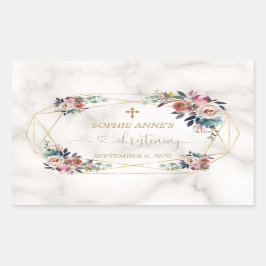 Stofblauwe Misty Rose Bloemen Goud Doopfeest Rechthoekige Sticker