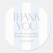 Stofblauwe Moderne Gestreepte Baby Shower Ronde Sticker (Voorkant)