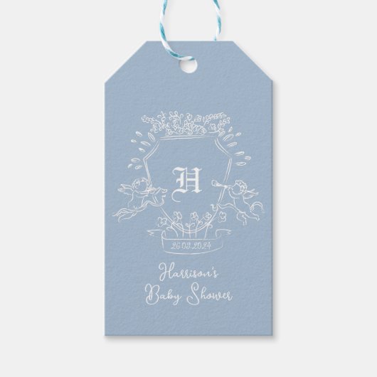 Stofblauwe Monogram Baby Shower Cadeaulabel (Voorkant)