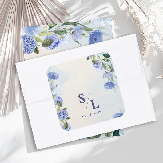 Stofblauwe Monogram Beginletters Trouw Envelope Vierkante Sticker