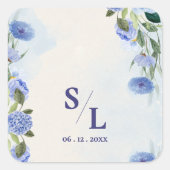 Stofblauwe Monogram Beginletters Trouw Envelope Vierkante Sticker (Voorkant)