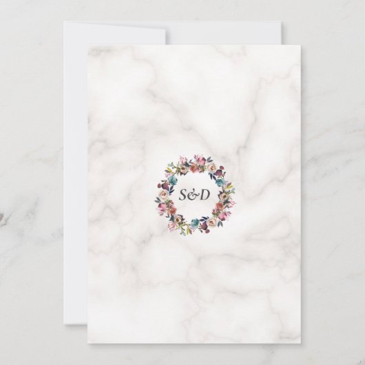 Stofblauwe nevelige bloemen baldakijn marmeren bru kaart (Achterkant)