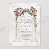 Stofblauwe nevelige bloemen baldakijn marmeren bru kaart (Voorkant / Achterkant)