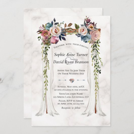 Stofblauwe nevelige bloemen baldakijn marmeren bru kaart (Voorkant / Achterkant)