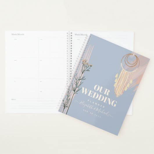 Stofblauwe Perzik Boho Bruiloft Planner (Display)