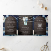 Stofblauwe Pioen Mason Pot QR Code Houten Bruiloft Drieluik Uitnodiging (Binnen)