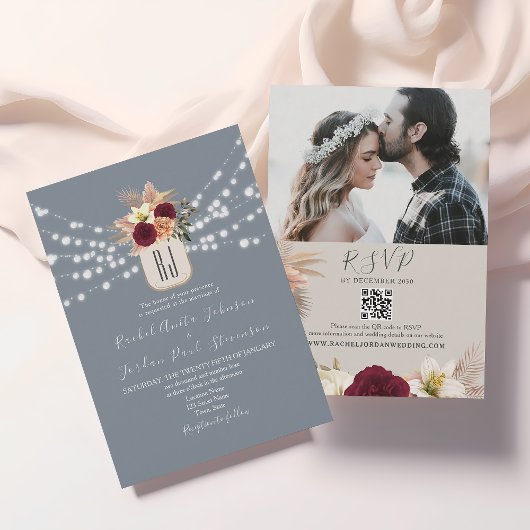 Stofblauwe QR-code Bloemen Bruiloftsinvatie Kaart