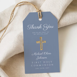 Stofblauwe religieuze kruis jongen eerste communie cadeaulabel