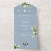 Stofblauwe Rustieke Groene QR Code Huwelijk All In One Uitnodiging (Binnen)