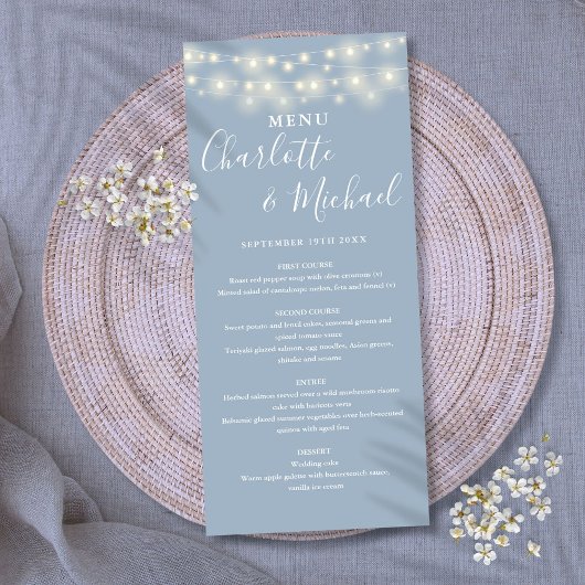 Stofblauwe Slingerlichten Signature Bruiloftsmenu Menu
