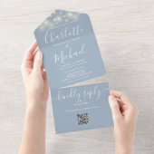 Stofblauwe Snaarlichten QR-code Monogram Bruiloft  All In One Uitnodiging (Afscheurbaar)