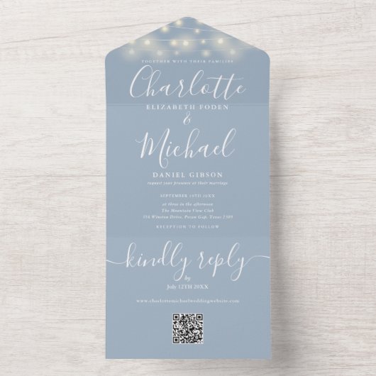 Stofblauwe Snaarlichten QR-code Monogram Bruiloft  All In One Uitnodiging (Binnen)