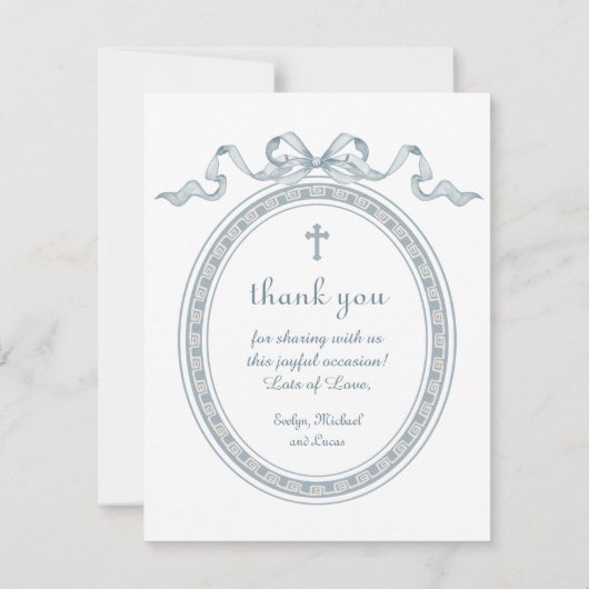 Stofblauwe Strik Griekse Lijst Doop Dankkaart Kaart (Achterkant)
