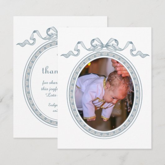 Stofblauwe Strik Griekse Lijst Doop Dankkaart Kaart (Voorkant / Achterkant)