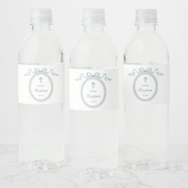 Stofblauwe strik Griekse lijst Doop Waterfles Etiket