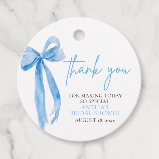 Stofblauwe strik zij is van plan om te trouwen Bru Bedankjes Labels (Voorkant)