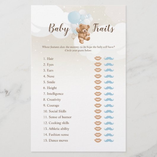 Stofblauwe teddybeer babykenmerken spel flyer (Voorkant)