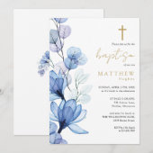 Stofblauwe Transparante Bloem Monogram Doop Uitnod Kaart (Voorkant / Achterkant)